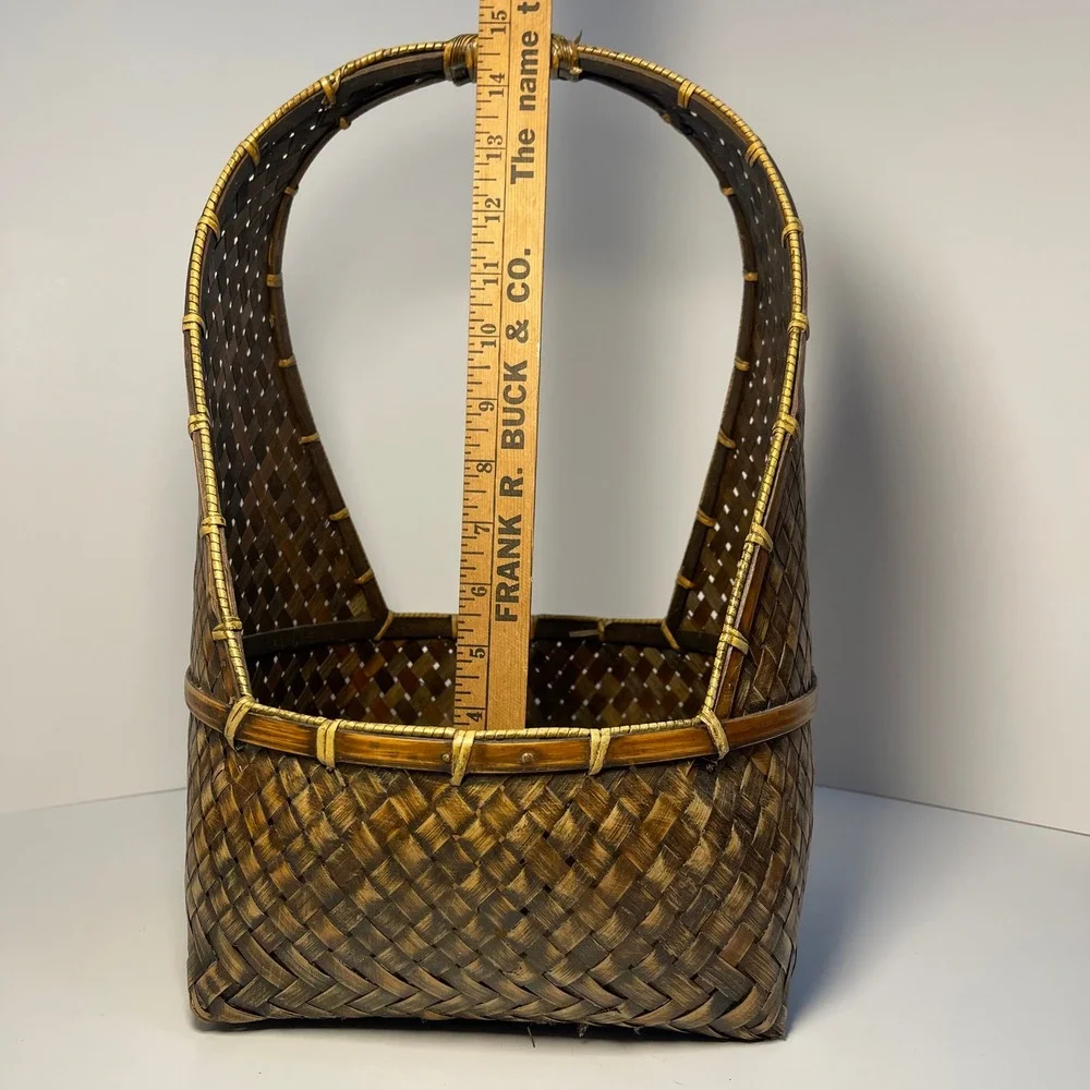 Vintage Woven Bamboo Rattan Gathering Basket Brown High Handle Hanging Pasking